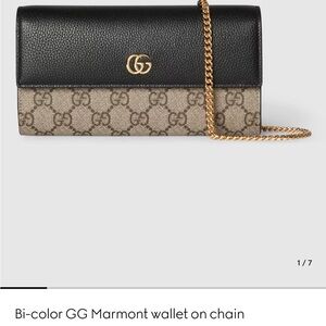 Gucci Bi-Color GG Marmont Wallet on Chain in Black and Beige